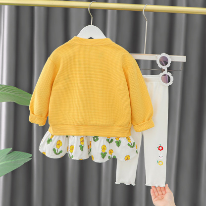 3pcs Cardigan +Dress+Knit Pants Baby Girl Rabbit and Floral Graphics