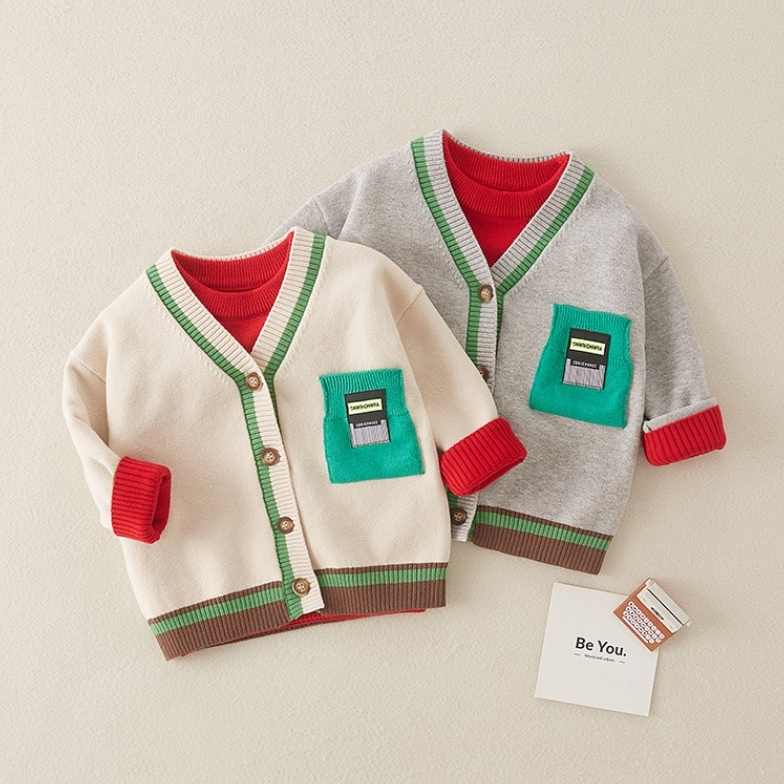 Baby Boy Bar Code Patch Block Color Long Sleeve Knitted Coat-kissminis