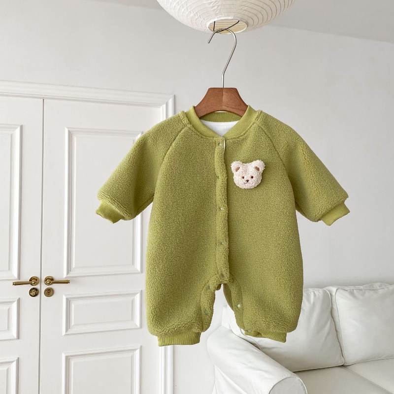 Winter FleeceBaby Boy/Girl Bear Design Solid Color Long Sleeve Romper-kissminis