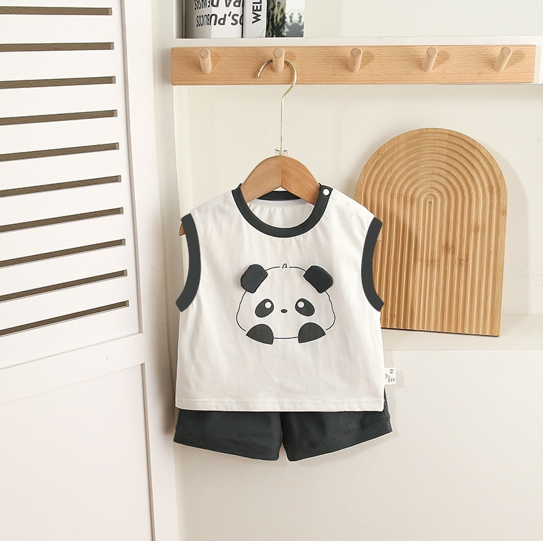 Sleeveless White Top with Panda Print and Black Shorts Set