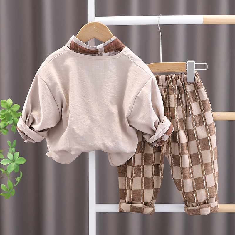3pcs Baby Boy/Girl Long Sleeve Vintage Mori Plaid Set