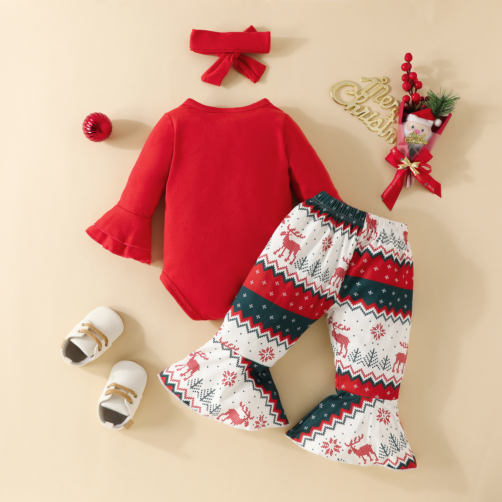 3pcs Newborn Baby Girl Christmas Letter and Cartoon Print Bowknot Long Sleeve Tops with Bell Bottoms and Hairband Set-kissminis
