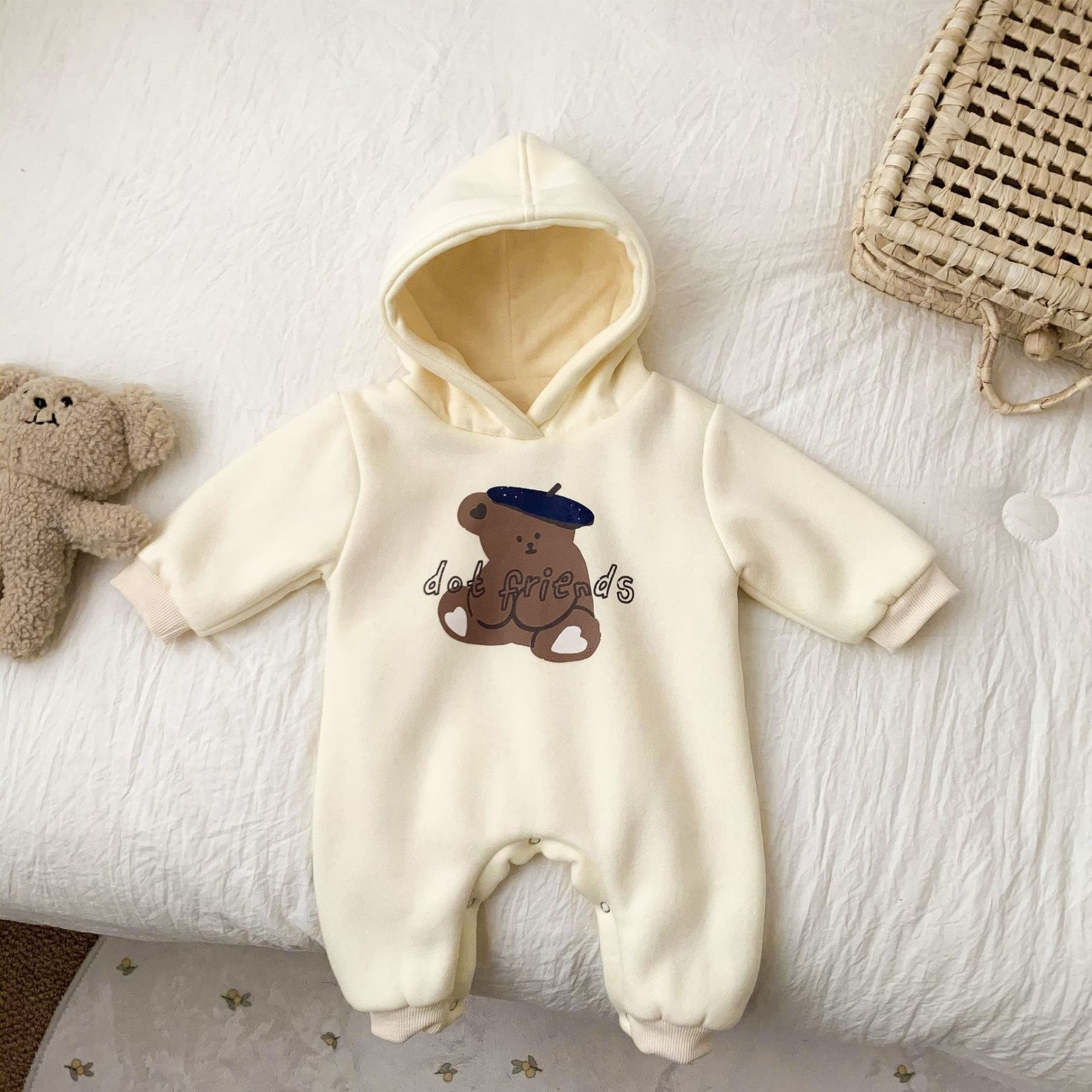 Baby Bear and Letter Pattern Solid Color Hooded Romper-kissminis