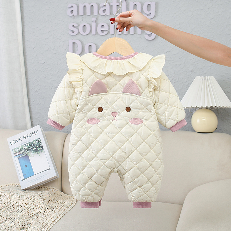 Baby Boy/Girl Thicken Fleece Cute 3D Cat Design Graphic Long Sleeve Romper-kissminis