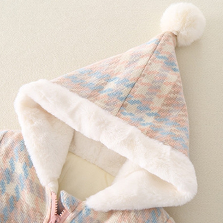 Baby Girl Winter Thicken Plaid Graphics Long Sleeve Fluff Hooded Romper-kissminis