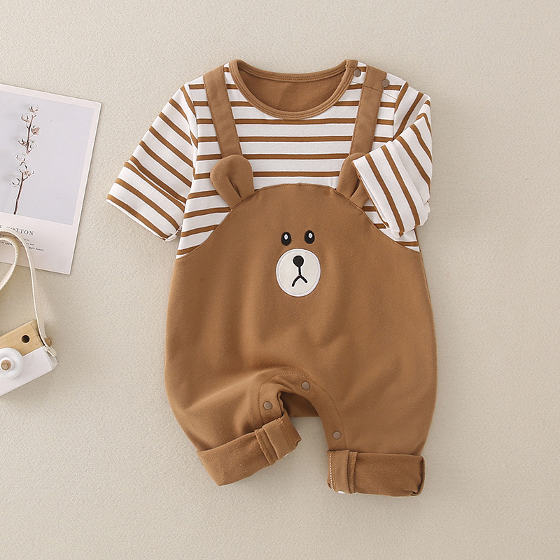 Baby Boy/Girl False Two Piece Bear Embroidery stripe Light Brown Long Sleeve Romper-kissminis