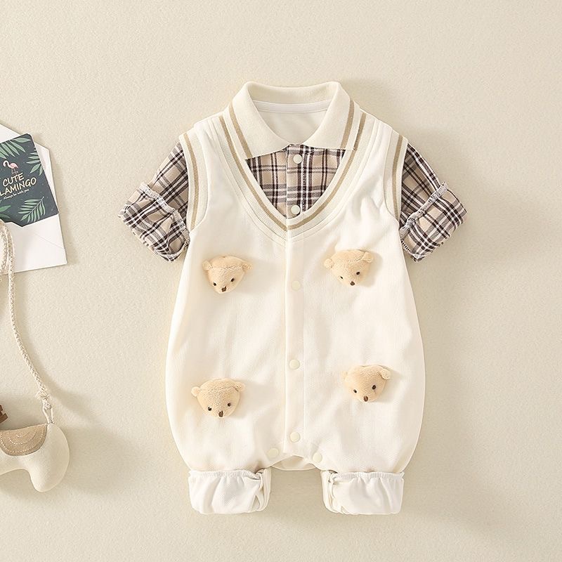 Baby Boy/Girl Fake Two Piece 3D Bear Design Solid Color Striped Long Sleeve Romper-kissminis