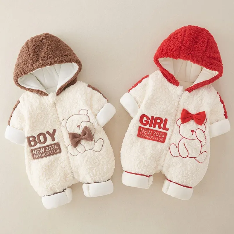 Baby Boy/Girl Winter Bear Tie Design Long Sleeve Thicken Fluff Hooded Romper -kissminis