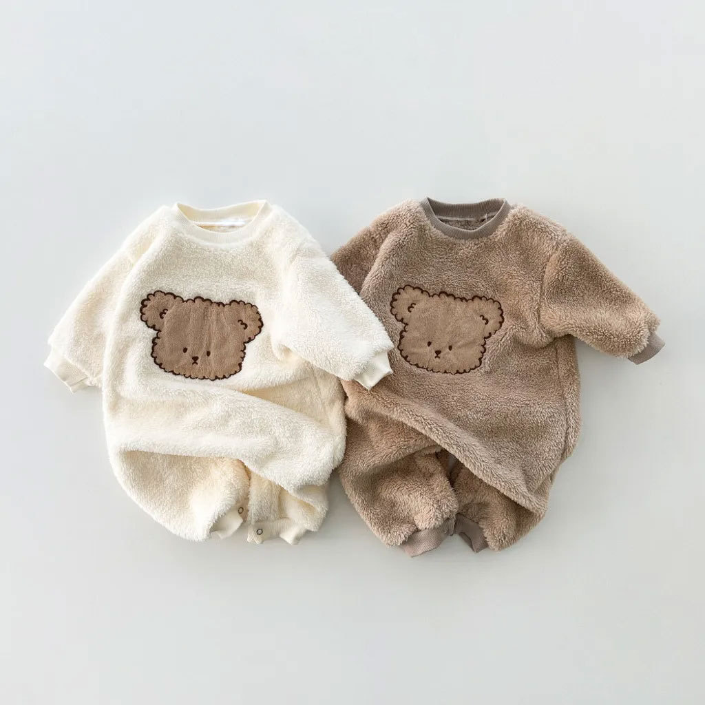 Baby Boy/Girl Winter Cute Bear Pattern Solid Color Fluff Long Sleeve Romper-kissminis