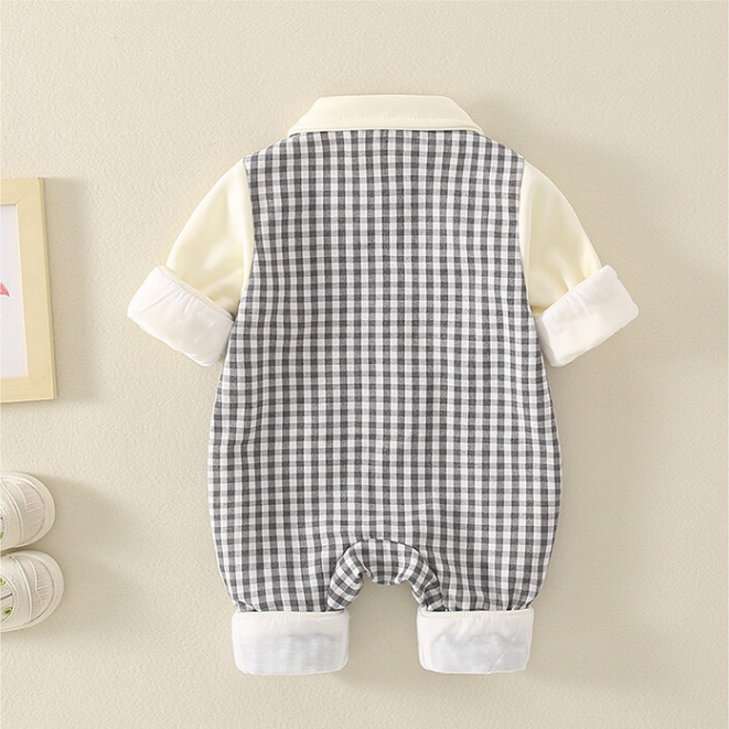 Baby Mock Two-pieces Plaid Collar Single Breasted Long Sleeve Romper-kissminis