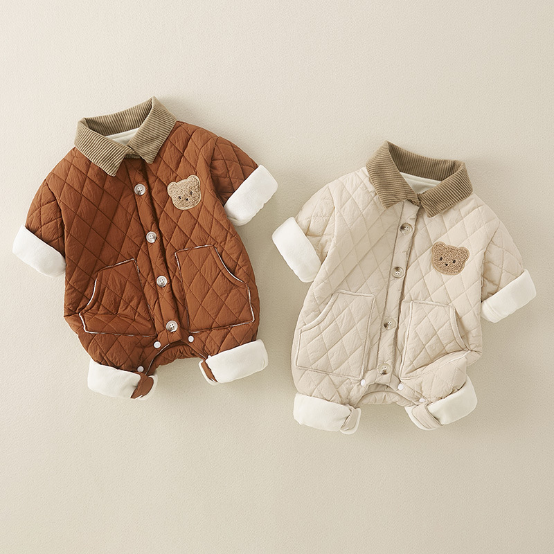 Baby Boy & Girl Cartoon Bear Graphic Thicken Long Sleeve Romper-kissminis