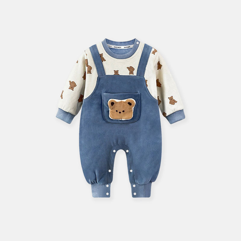Baby Boy/Girl Allover Cute Bear Pattern Fake Two Pieces Long Sleeve Romper-kissminis