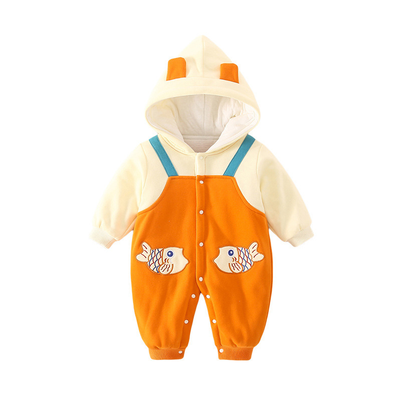Baby Boy & Girl Winter Fish Graphic Thicken Hooded Long Sleeve Romper-kissminis