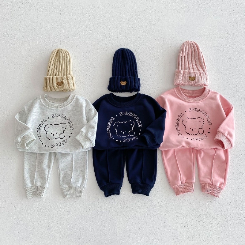 2pcs Baby Crew Neck Bear Letter Print Sweatshirt with Pants Set-kissminis