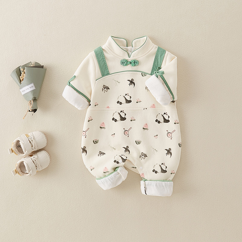 Newborn Baby Girl Allover Panda Pattern Long Sleeve Romper-kissminis