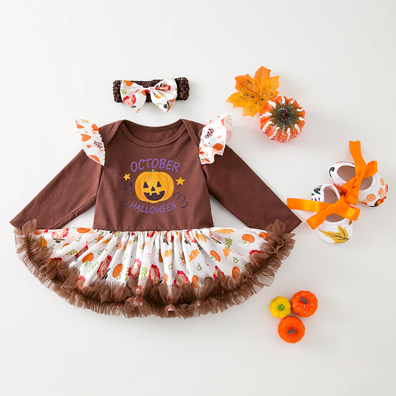3pcs Newborn Baby Girl Hallowen Wacky Pumpkin Cartoon Print Long Sleeve Dress Set-kissminis