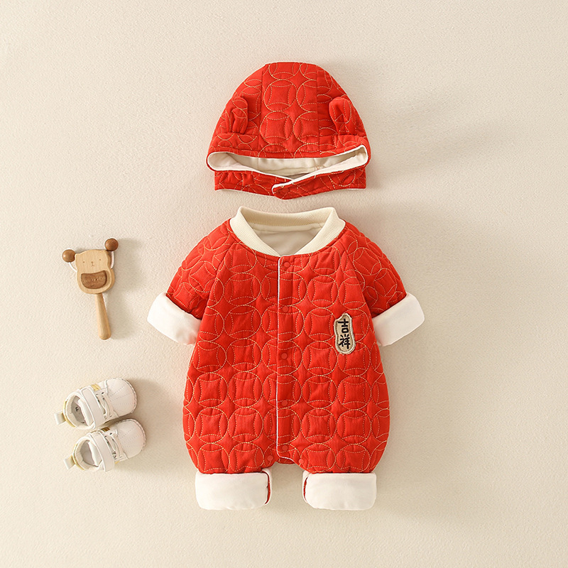 2pcs Newborn Baby Chinoiserie Auspicious Implication Long Sleeve Romper with Hat Set-kissminis