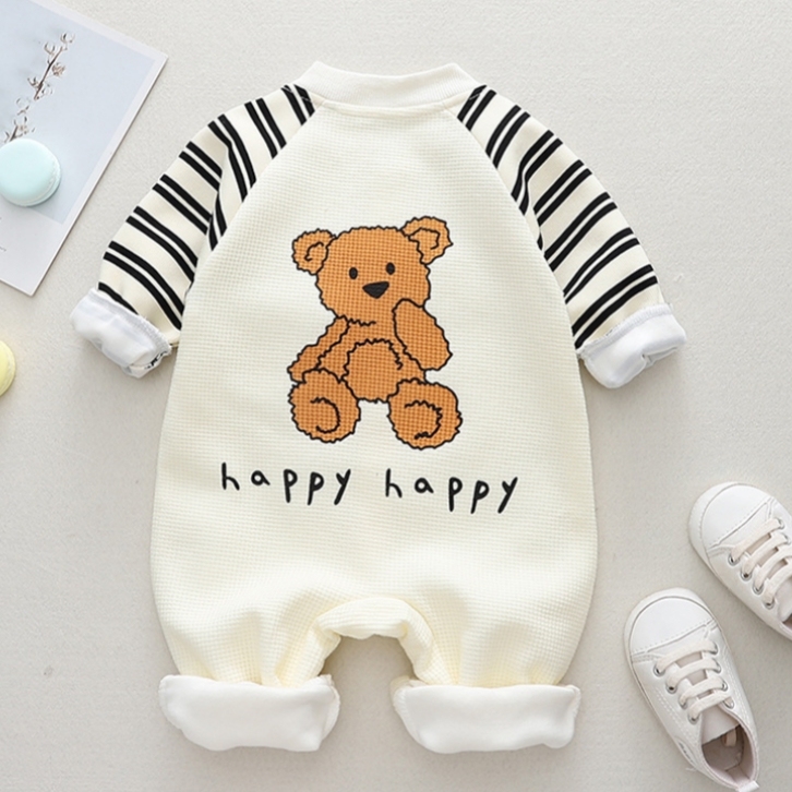 Baby Boy/Girl Stripe Line Bear Graphic Waffle Romper-kissminis