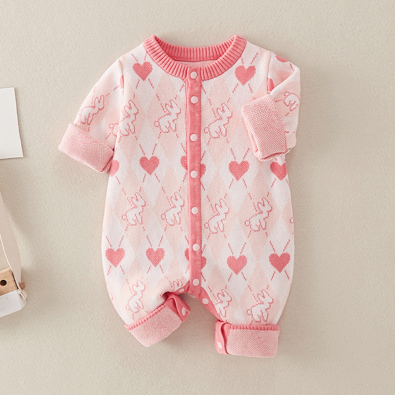 New Born Baby Girl Rabbit & Heart Pattern Button Up Knitted Romper
