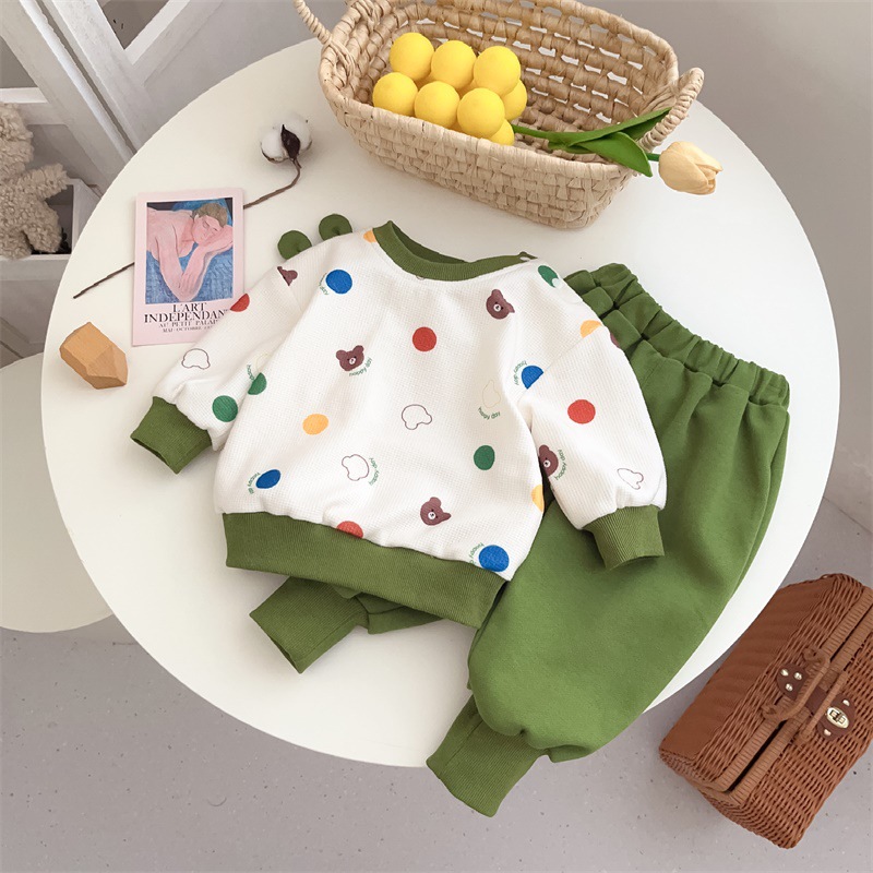 Baby Boy/Girl Bear and Dot Print Long Sleeve Sweatshirt with Pants Set-kissminis