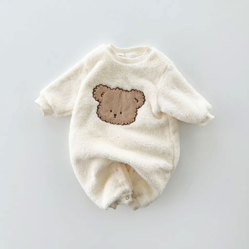 Baby Boy/Girl Winter Cute Bear Pattern Solid Color Fluff Long Sleeve Romper-kissminis