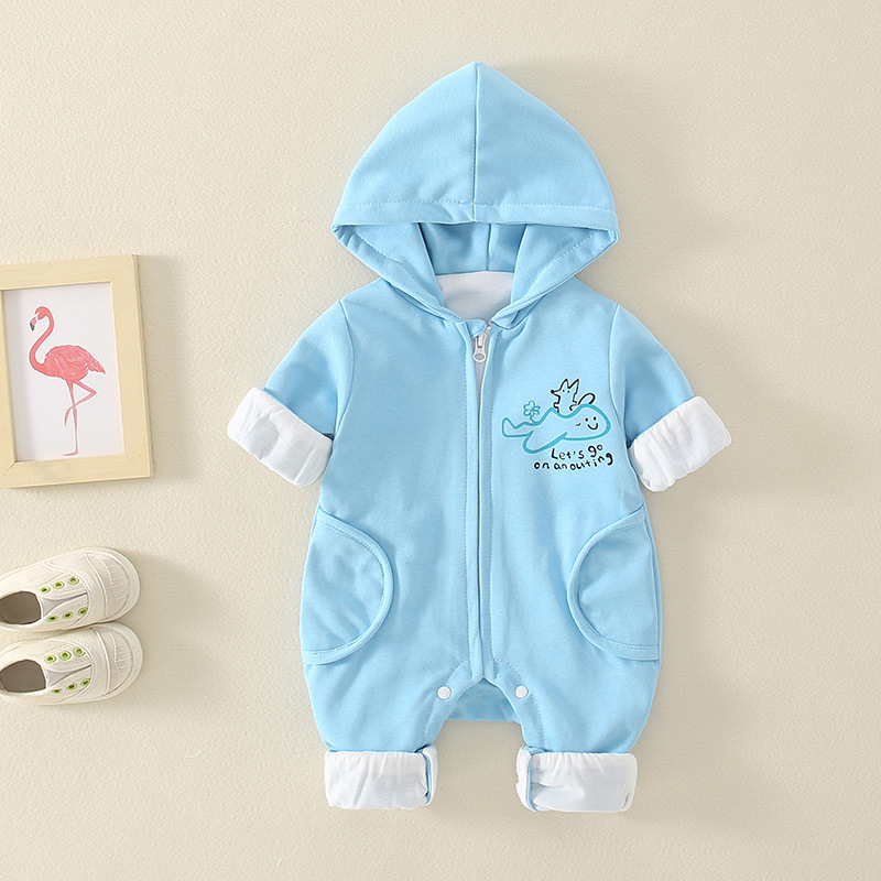 Baby Boy & Girl Cute Cartoon Solid Color Zipper Hooded Long Sleeve Fluff Romper-kissminis