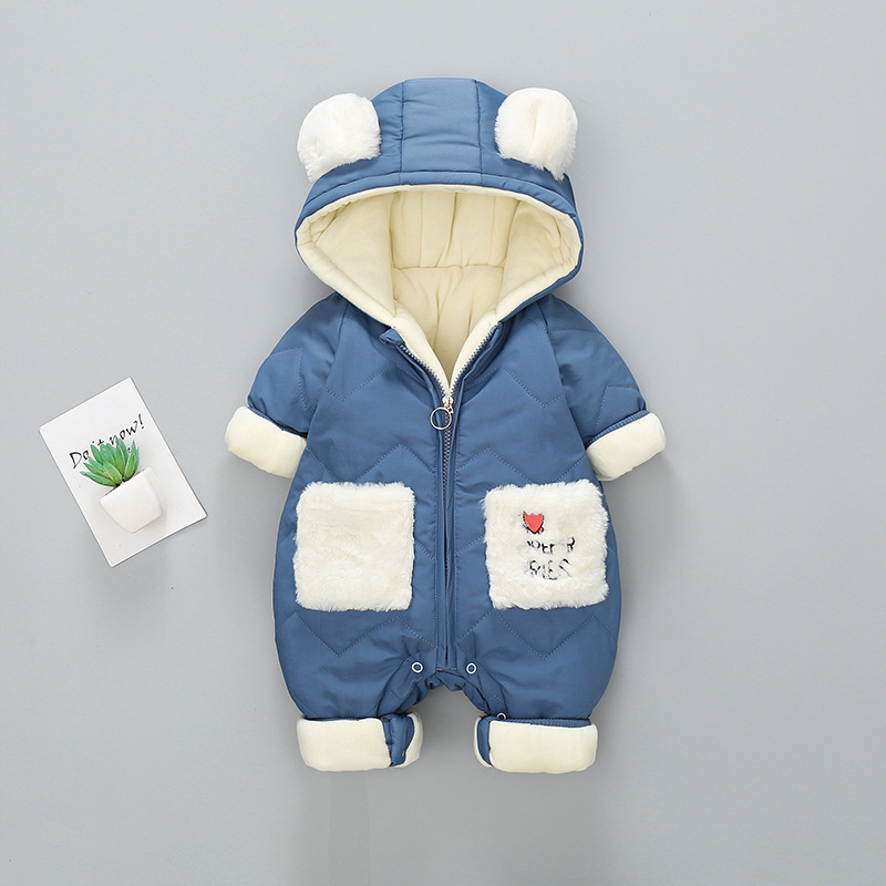 2pcs Baby Boy/Girl Winter Thicken Cartoon Graphic Bear Ear Design Hooded Romper with Shoes Set-kissminis