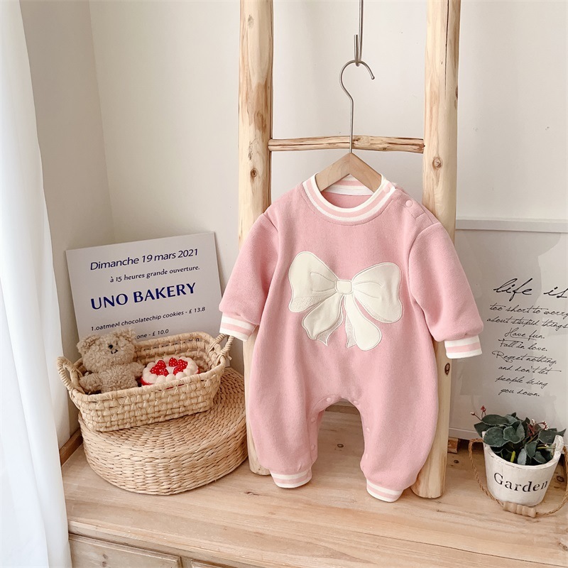 Baby Girl Super Cute Thickened Plush Butterfly Knot Pattern with Long Sleeve Romper-kissminis