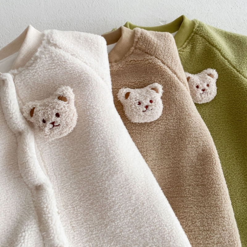 Winter FleeceBaby Boy/Girl Bear Design Solid Color Long Sleeve Romper-kissminis