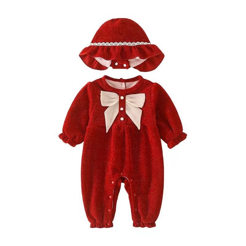 Baby Girl Solid Color Winter Thicken Long Sleeve Romper with Hat Set-kissminis