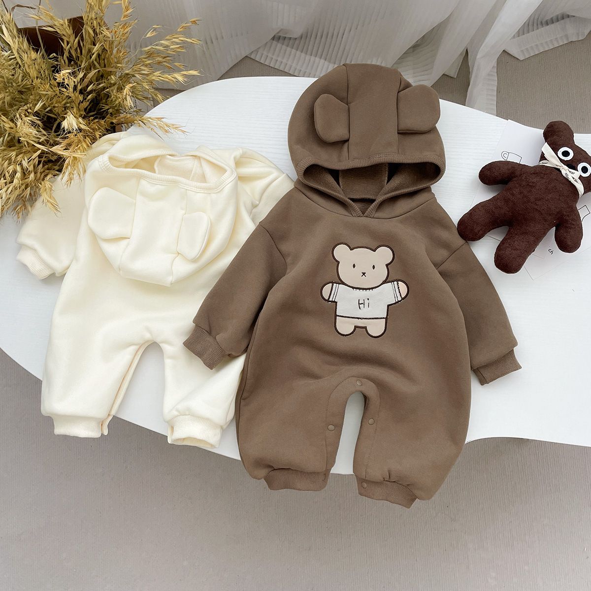 Baby Boy/Girl Cartoon Bear Graphic Thicken Hooded Long Sleeve Romper-kissminis