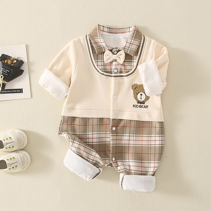 Baby Girl/Boy Fake Two Pieces Plaid Bear Long Sleeve Romper-kissminis