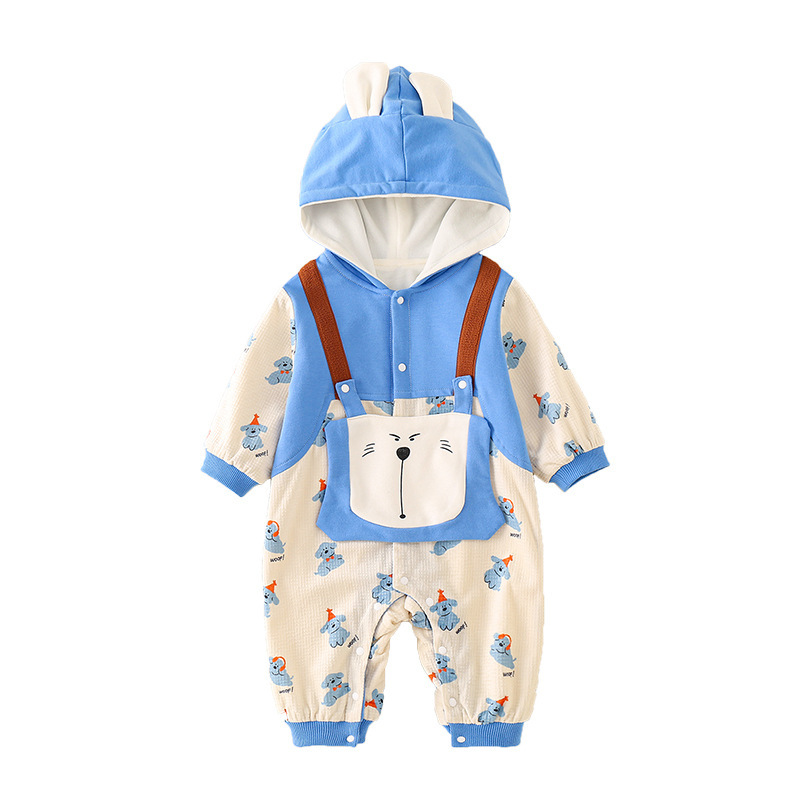 Newborn Baby Fake Two Pieces Dog Pattern Hooded Long Sleeve Romper-kissminis