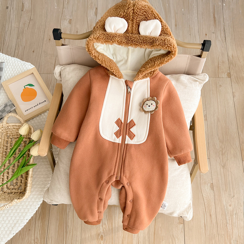 Baby Boy/Girl Cute Lion Design Winter Thicken Fluff Long Sleeve Hooded Romper-kissminis