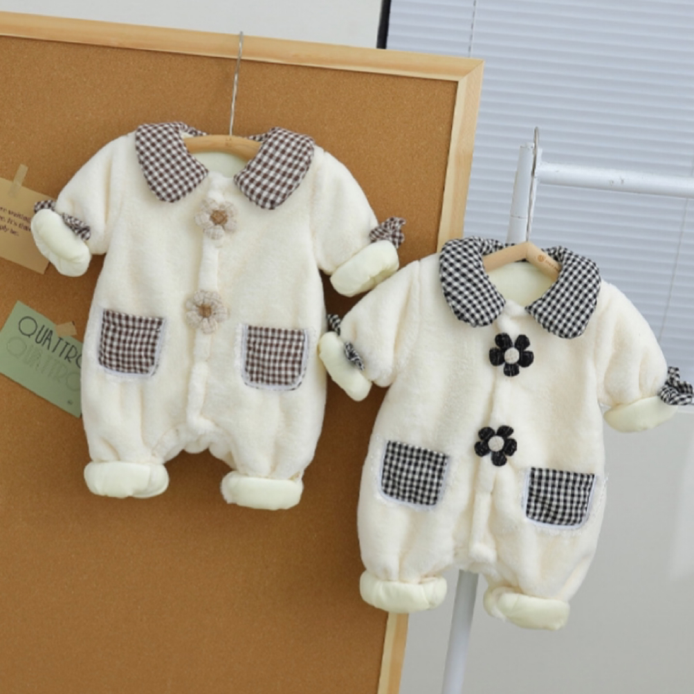 Baby Boy Winter Thicken Floral Plaid Fluff Long Sleeve Romper-kissminis