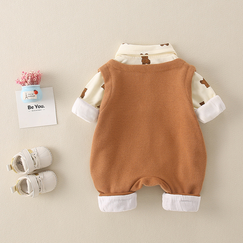 Baby Boy/Girl Allover Bear Graphics Mock Two-pieces Long Sleeve Romper-kissminis