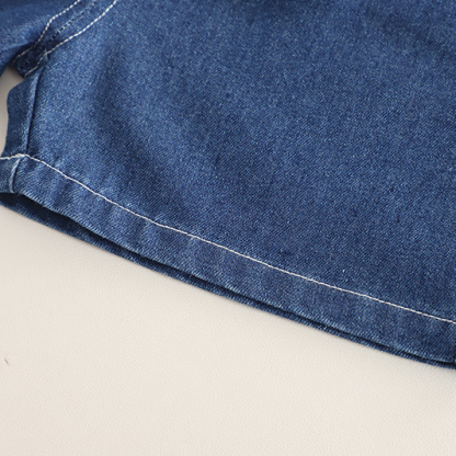 Henley Style Short Sleeve Shirt with Trim Detail and Denim Shorts Set