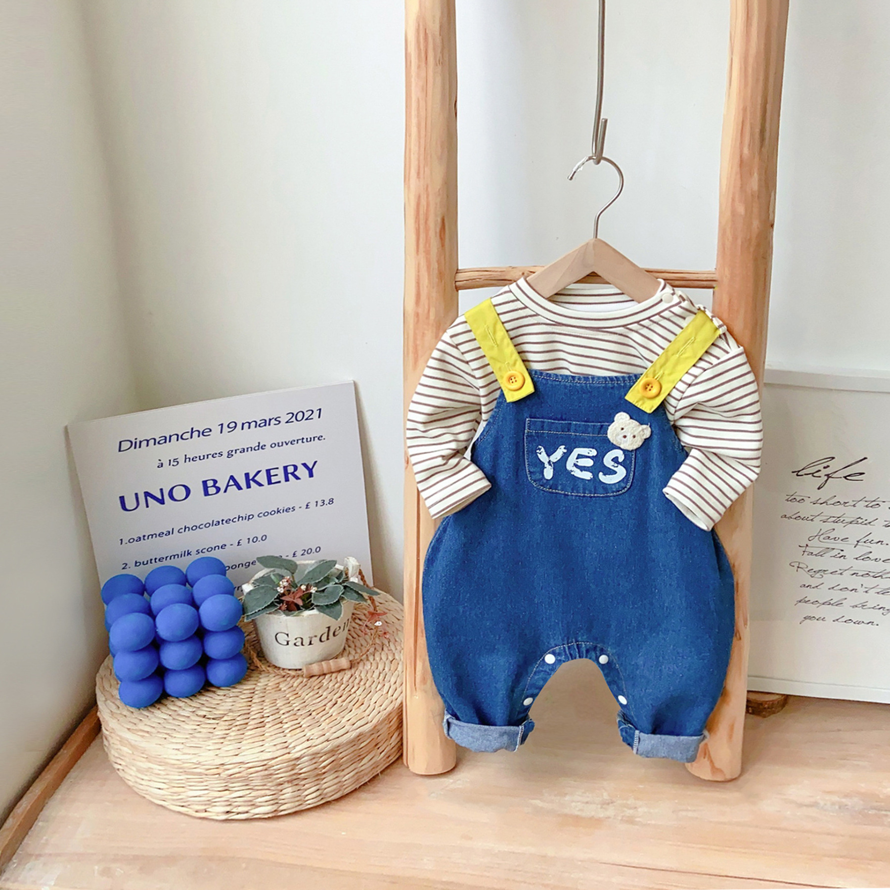 Baby Boy Bear Patch Denim Sling Overalls and Striped T-Shirt Set-kissminis