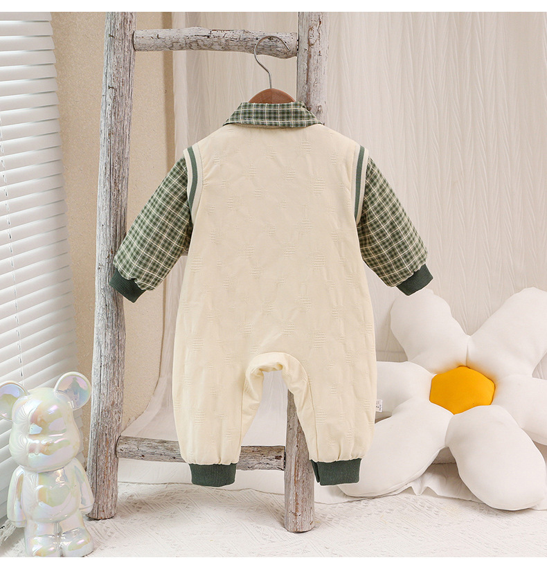 Baby Boy/Girl Fake Two Pieces Solid Color Plaid Long Sleeve Romper-kissminis