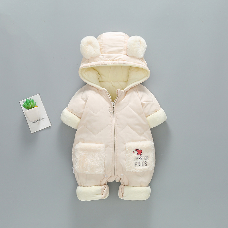 2pcs Baby Boy/Girl Winter Thicken Cartoon Graphic Bear Ear Design Hooded Romper with Shoes Set-kissminis
