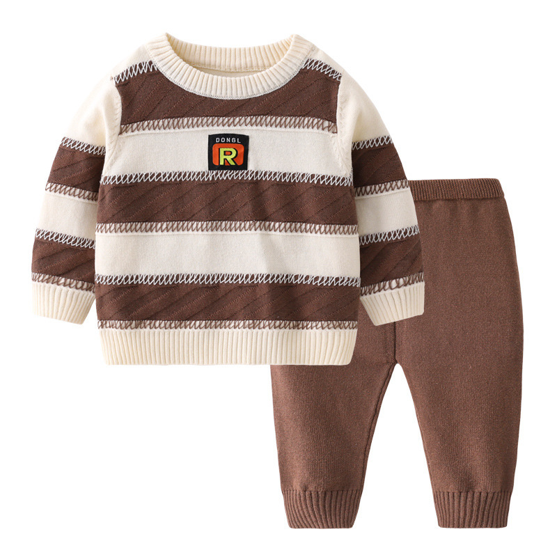 Baby Boy/Girl Ribbed Knit Stripe Pullover Sweatshirt with Pants Set-kissminis