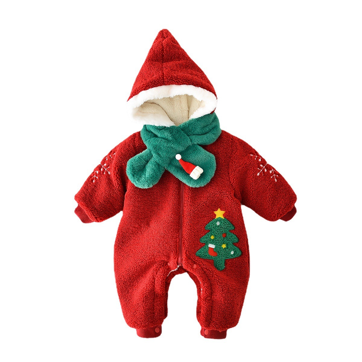 2pcs Winter Baby Boy/Girl Christmas Tree and Snow Embroidery Long Sleeve Hooded Romper with Scarf Set-kissminis