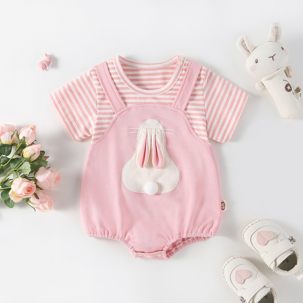 Baby Girl Mock Two Pices Rabbit Pattern Short Sleeve Romper-kissminis