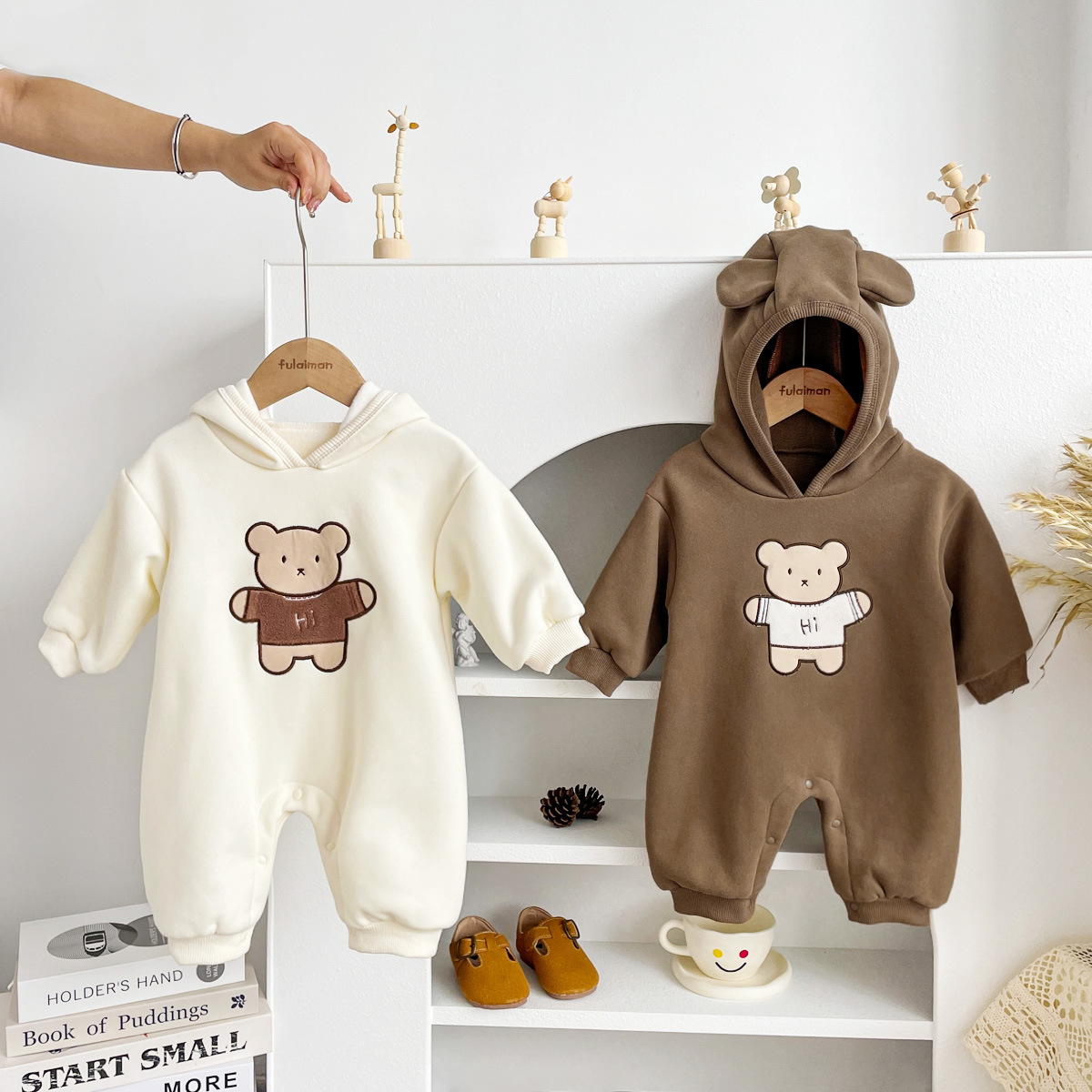 Baby Boy/Girl Cartoon Bear Graphic Thicken Hooded Long Sleeve Romper-kissminis
