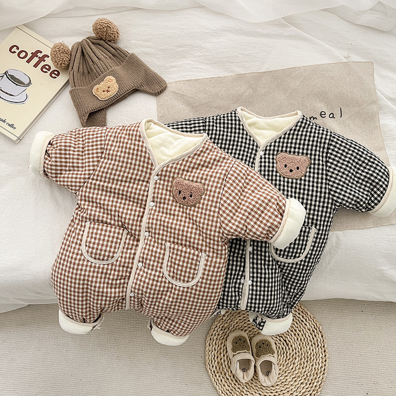 Baby Boy/Girl Cute Bear Pattern Plaid Long Sleeve Romper-kissminis
