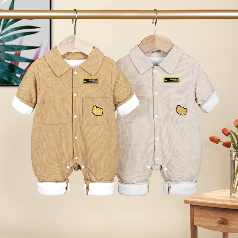 Baby Bear Pattern Solid Color Corduroy Romper-kissminis