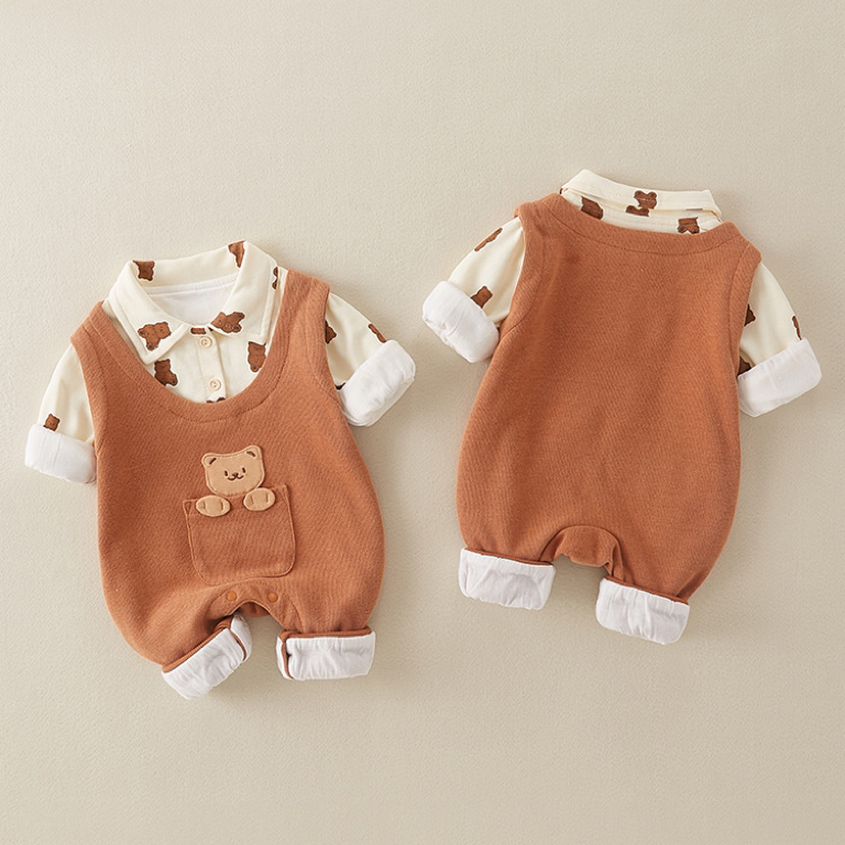 Baby Cartoon Bear Graphic Mock Two Pieces Long Sleeve Romper-kissminis