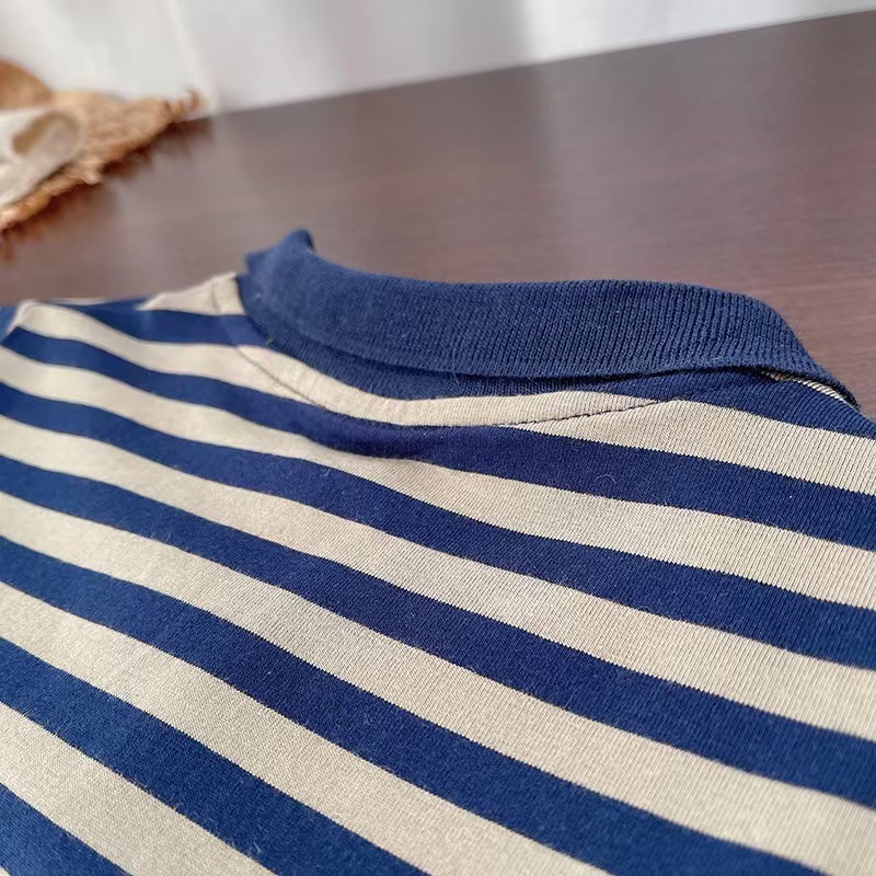 Navy and Beige Striped Polo Short Sleeve Shirt and Brown Shorts Set