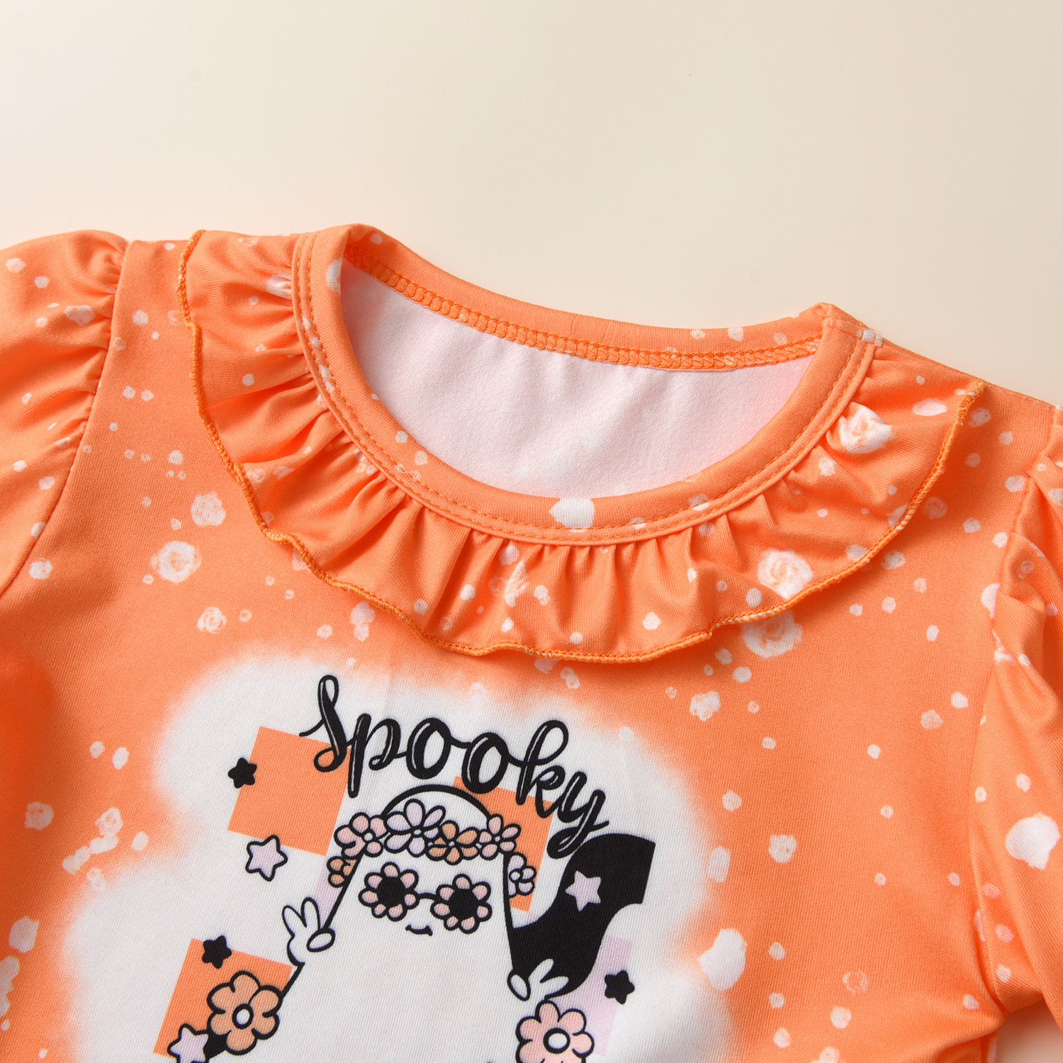 2pcs Toddler Girl Halloween Pumpkin and Ghost Print Bowknot Long Sleeve Tops and Bell Bottoms Set-kissminis