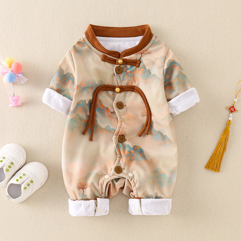 Baby Chinese Style Single-breasted Long Sleeve Romper-kissminis